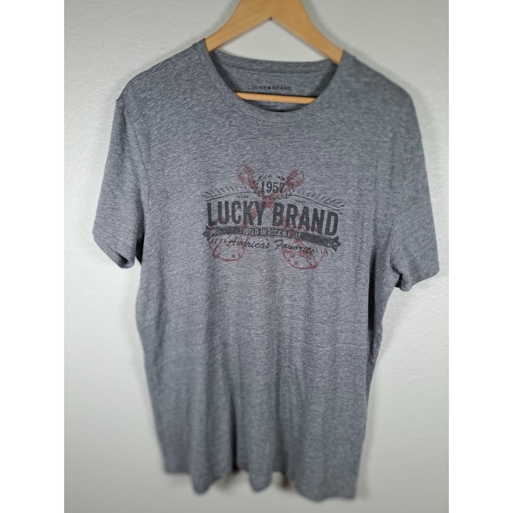 Lucky Brand Mens Gray Graphic T-Shirt Rooted In Rock N Roll Guitar Crest Large
